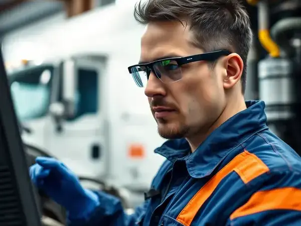 Mechanic performing diesel engine diagnostics